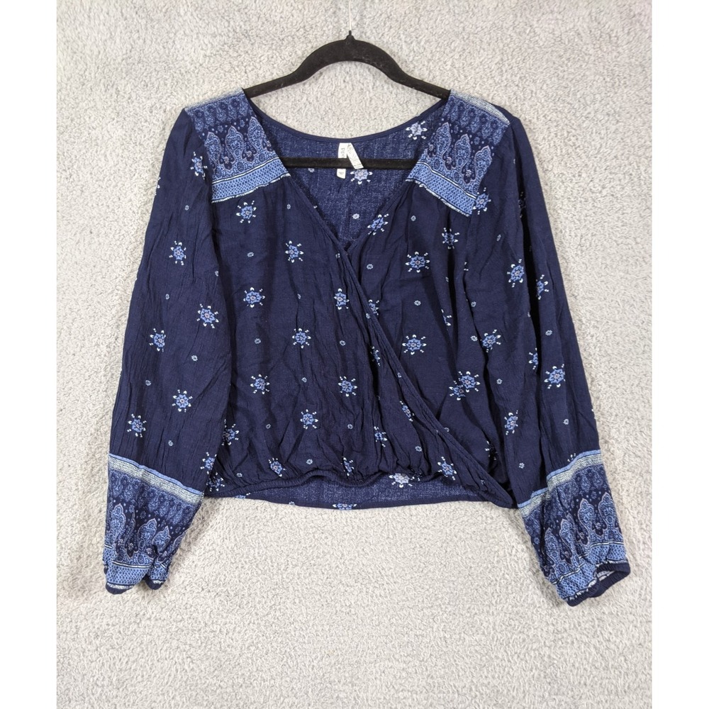 Mudd Blouse Top Women's M Blue Floral Balloon Sleeve Wrap Boho Peasant Festival